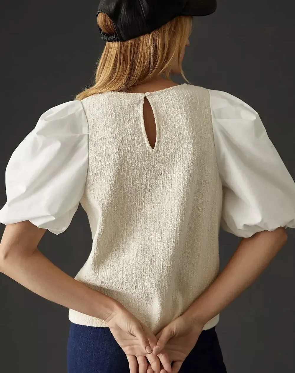 Anthropologie Puff Sleeve Top Size Small NWT Cream White Textured Classic